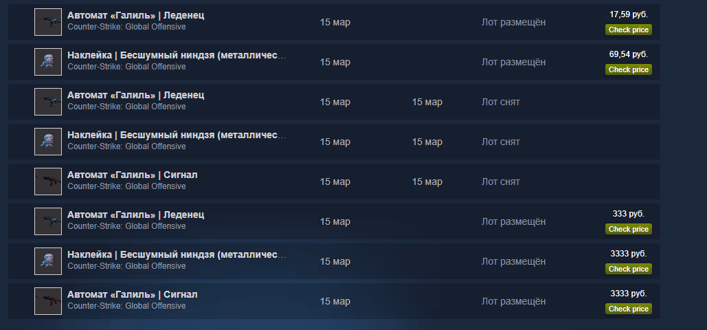 История Steam: снятие и повторное выставление Galil AR и наклейки «Бесшумный ниндзя» по изменённым ценам. История Steam: снятие и повторное выставление Galil AR и наклейки «Бесшумный ниндзя» по изменённым ценам.