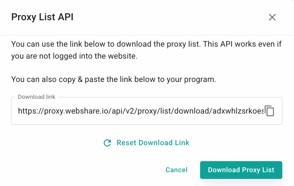 Окно Webshare Proxy List API: ссылка скачивания списка прокси, кнопки её сброса и загрузки списка. Окно Webshare Proxy List API: ссылка скачивания списка прокси, кнопки её сброса и загрузки списка.