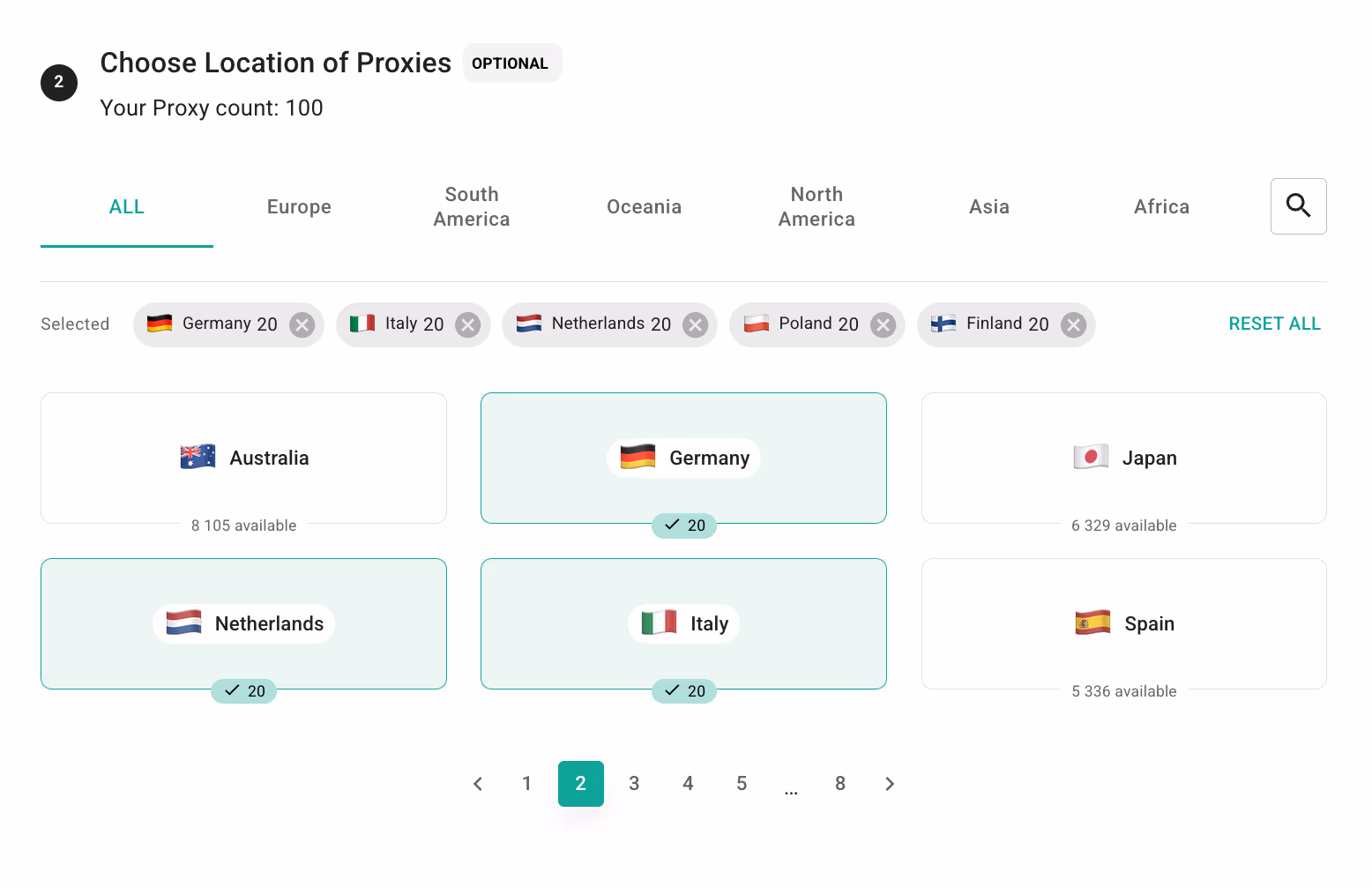 Выбор расположения 100 прокси Webshare: по 20 адресов Германии, Италии, Нидерландов, Польши и Финляндии. Выбор расположения 100 прокси Webshare: по 20 адресов Германии, Италии, Нидерландов, Польши и Финляндии.