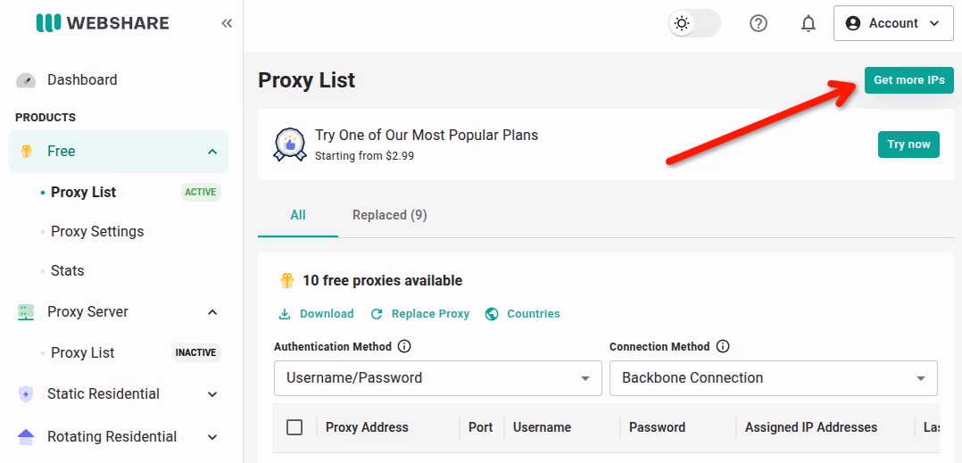 Кабинет Webshare, Free → Proxy List: стрелка указывает на Get more IPs для покупки дополнительных прокси. Кабинет Webshare, Free → Proxy List: стрелка указывает на Get more IPs для покупки дополнительных прокси.