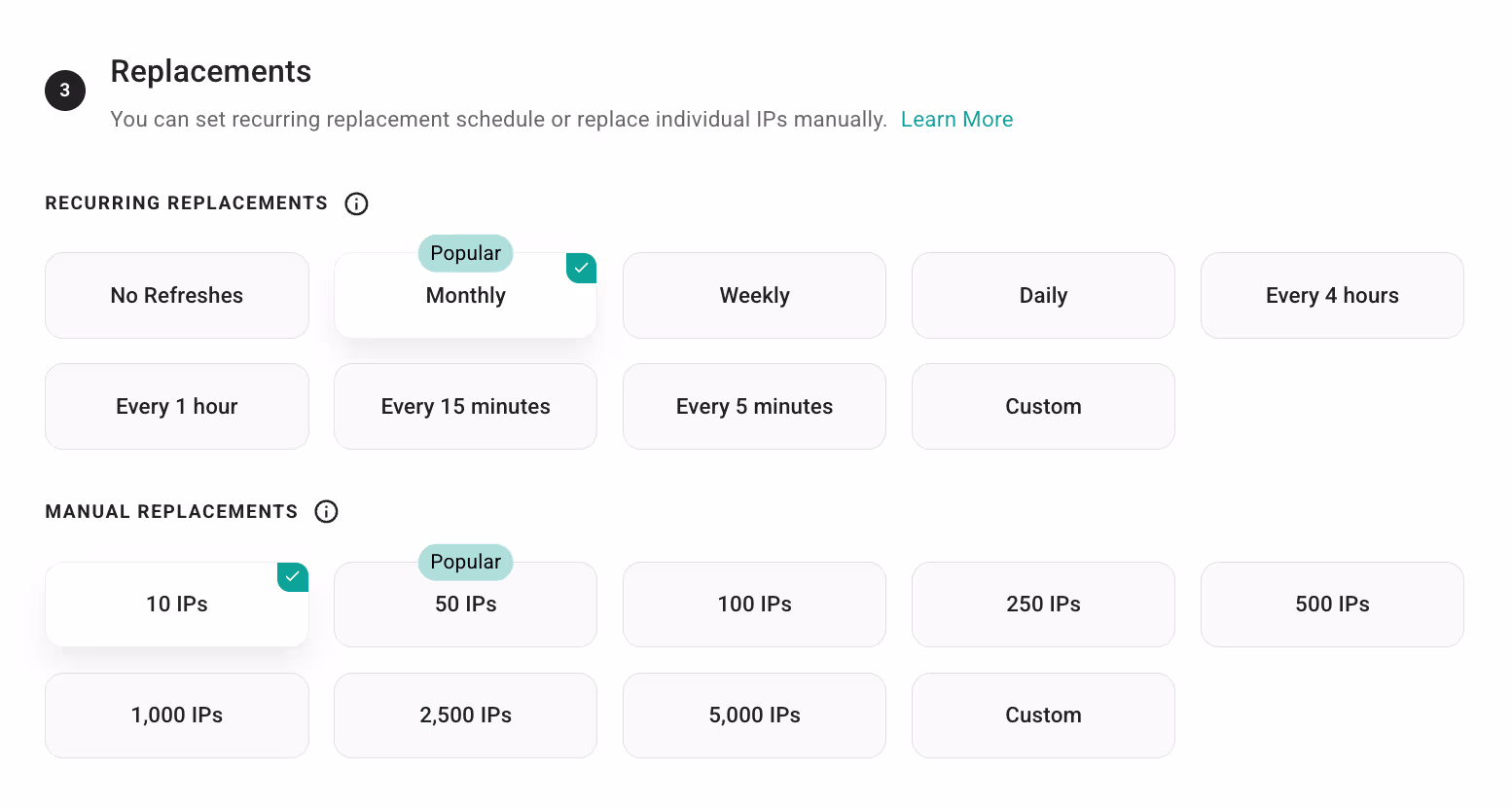 Настройка замен Webshare: выбраны ежемесячное обновление Monthly и 10 ручных замен IP. Настройка замен Webshare: выбраны ежемесячное обновление Monthly и 10 ручных замен IP.
