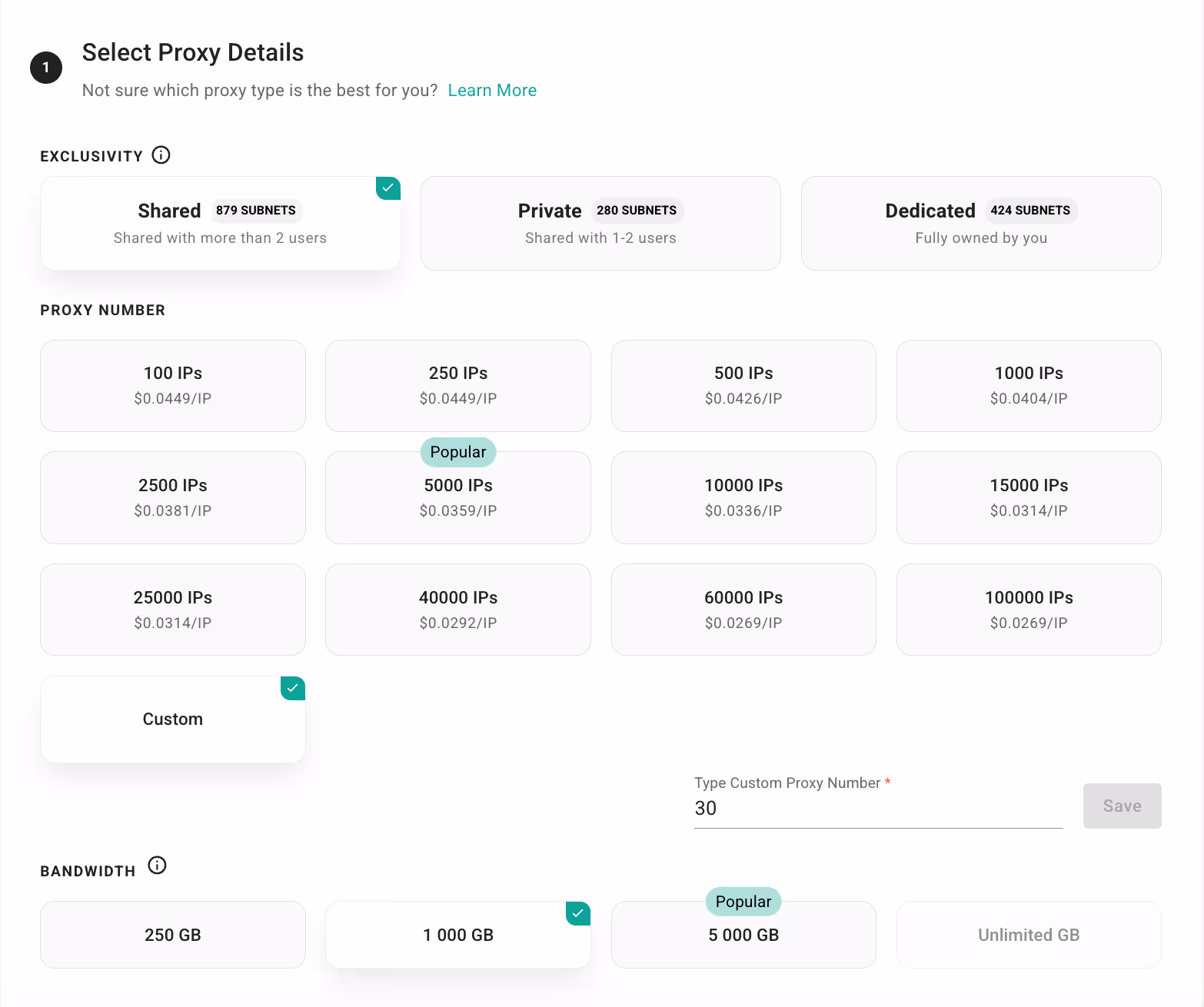 Выбор тарифа Webshare: Shared, произвольное количество Custom со значением 30 и 1000 GB трафика. Выбор тарифа Webshare: Shared, произвольное количество Custom со значением 30 и 1000 GB трафика.