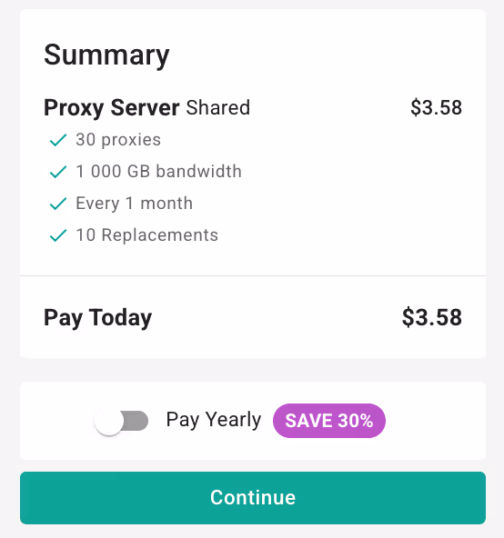 Пример итогового заказа Webshare: 30 Shared-прокси, 1000 GB, ежемесячное обновление и 10 замен; на скриншоте цена 3,58 доллара. Пример итогового заказа Webshare: 30 Shared-прокси, 1000 GB, ежемесячное обновление и 10 замен; на скриншоте цена 3,58 доллара.