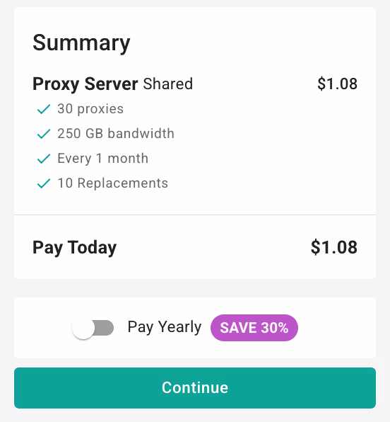 Пример итогового заказа Webshare: 30 Shared-прокси, 250 GB, ежемесячное обновление и 10 замен; на скриншоте цена 1,08 доллара. Пример итогового заказа Webshare: 30 Shared-прокси, 250 GB, ежемесячное обновление и 10 замен; на скриншоте цена 1,08 доллара.